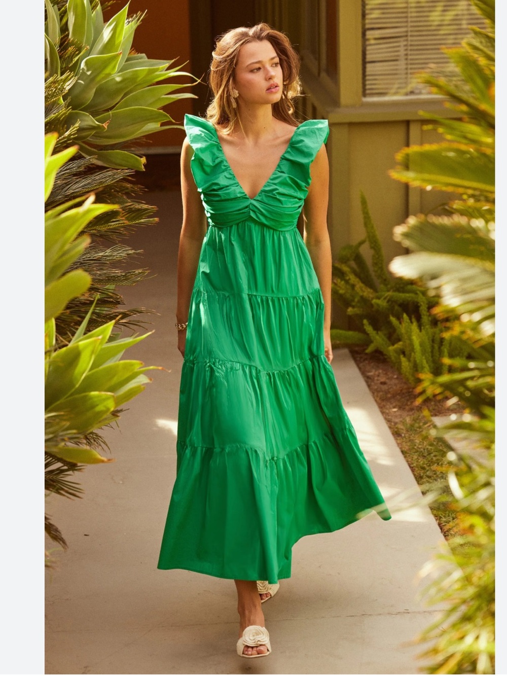 NICOLE MILLER GREEN V-NECK RUFLE TIERED MAXI DRESS SIZE M NWT